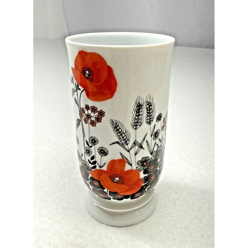 Poppy Flower Porcelain Vase 5.5" Orange Black Wheat Floral Bud Vase Vintage